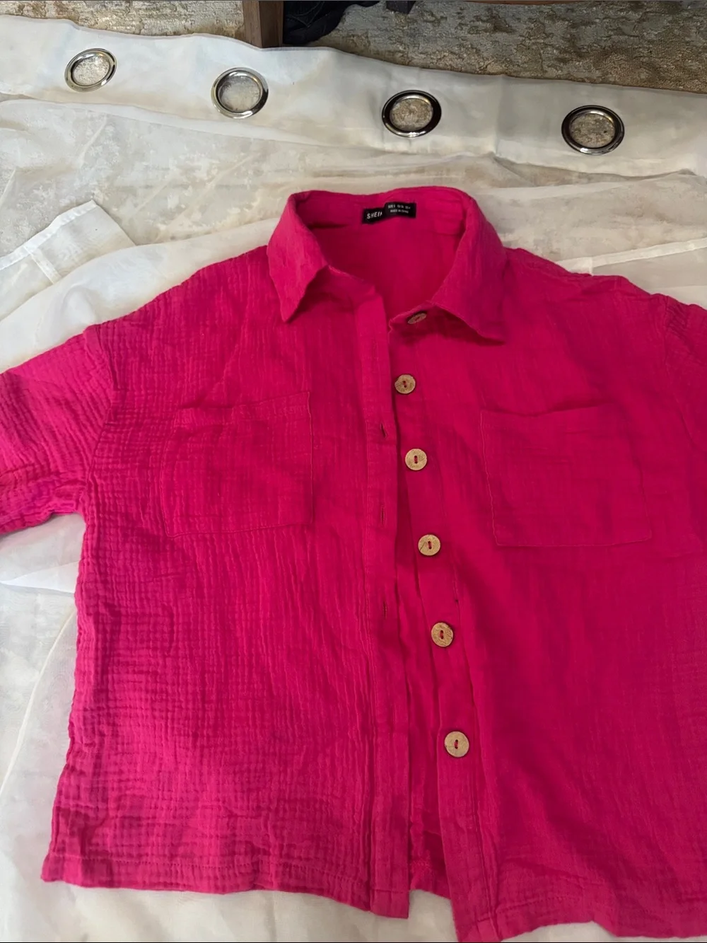 Bright Pink Two-Piece Button Shirt & Drawstring Shorts Set